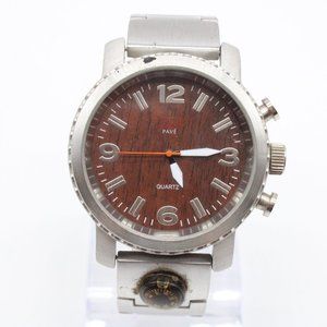 PAVE Watch Mens Silver Tone Stainless Steel Big Face Dial Quartz Brown Dial